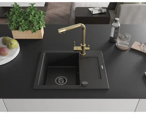 Mexen Enzo, granitový drez 576x465x174 mm, 1-komorový, zlatá lesklá batéria Duero, čierna, 6506-77-671600-50-B