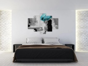 Obraz - Zamilovaný pár s dáždnikom, modrý (150x105 cm)