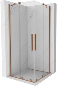Mexen Velar Duo, sprchový kút s posuvnými dverami 90(dvere) x 90(dvere) cm, 8mm číre sklo, medená matná profil, 871-090-090-02-65