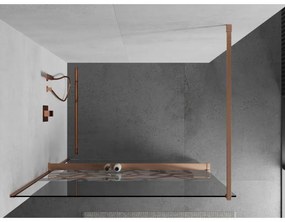 Mexen Kioto+, sprchová zástena Walk-In s poličkou a vešiakom 140 x 200 cm, 8mm číre sklo biely vzor, medený matný profil, 800-140-121-65-85