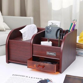 Kombinovaný drevený stojan na perá a papierové vreckovky so zásuvkou tmavé drevo C2043