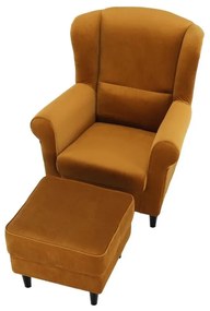 Kondela Kreslo, ušiak s taburetom, horčicová látka, ASTRID