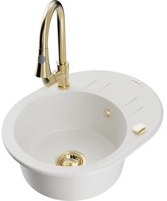 Mexen Kevin, 1-komorový granitový drez 586x458x190 mm a drezová batéria Elia, biela, 6517-20-670101-50