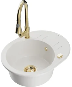 Mexen Kevin, 1-komorový granitový drez 586x458x190 mm a drezová batéria Elia, biela, 6517-20-670101-50