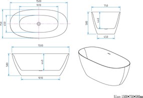 Erga Vienna, voľne stojaca vaňa 150x75 cm + odtoková zátka, biela lesklá, ERG-VIENNA-150075-WH-WH