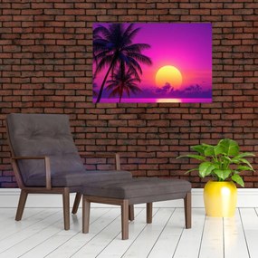 Obraz - Fialový západ s palmou (90x60 cm)