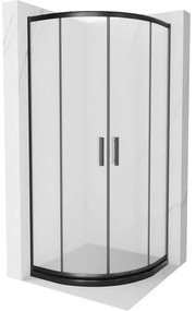 Mexen Rio, štvrťkruhový sprchovací kút s posuvnými dverami 90(dvere) x 90(dvere) x 190 cm, 6mm sklo námraza, čierny profil + čierna sprchová vanička SLIM, 863-090-090-70-30-4170B