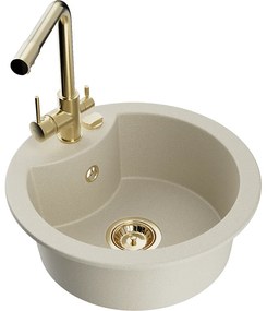 Mexen Diego, 1-komorový granitový drez 488x488x167 mm, zlatá batéria Duero, béžová, 6512-69-671600-50