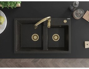Mexen Tomas, granitový drez 800x500x190 mm, 2-komorový a drezová batéria Savita, čierna-zlatá metalíza, 6516-75-672601-50