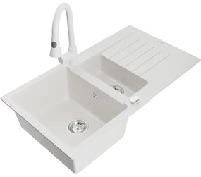 Mexen Matias, 1,5-komorový granitový drez 900x505x200 mm a drezová batéria Elia, biela, 6502-20-670101-20