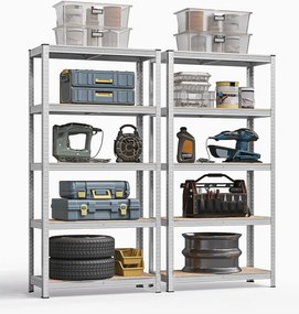 Regály 5-úrovňové s oceľovým rámom a vysokou nosnosťou, sada 2 ks, strieborné