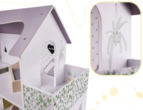 KIK Drevený domček pre bábiky 70 cm s nábytkom – trojposchodový moderný sivý