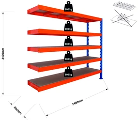 Nekonečný průmyslový regál 2400x2400x800, 5 police, přístavek Farba: modrá