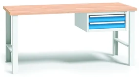 Pracovný stôl do dielne WL so závesným boxom na náradie, buková škárovka, 2 zásuvky, pevné kovové nohy, 2000 mm