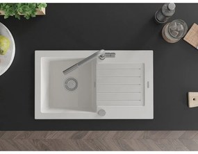 Mexen Pablo, 1-komorový granitový drez 752x436x161 mm a drezová batéria Flora, biela, 6510-20-670401-06