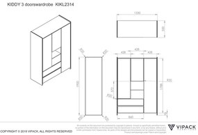 Biela detská šatníková skriňa Vipack Kiddy, 137,8 x 190 cm