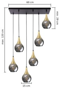 Luster na lanku LACRIMA SMOKY 6xE27/60W/230V čierna/zlatá/dymová čierna