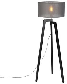 Stojaca lampa trojnožka čierna drevo s sivým tienidlom 50 cm - Puros