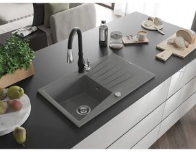 Mexen Cesar, 1-komorový granitový drez 775x470x190 mm a drezová batéria Savita, šedá, 6514-71-672601-70