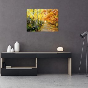 Sklenený obraz - Romantická alej pozdĺž vody, olejomaľba (70x50 cm)
