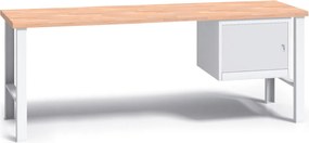 Pracovný stôl do dielne G3 so závesnou skrinkou na náradie, buková škárovka, pevné kovové nohy, 2000 mm, sivá