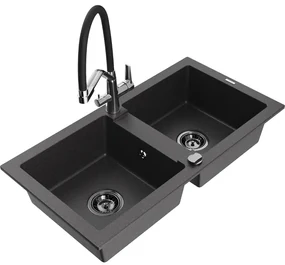 Mexen Mario, granitový drez 820x436x161 mm, 2-komorový a drezová batéria Duo, čierna škvrnitá, 6504-76-671701-07-B