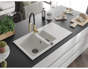 Mexen Matias, granitový drez 900x505x200 mm, 1,5-komorový a drezová batéria Aster, biela, 6502-20-73450-57-B