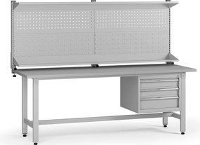 Výškovo nastaviteľný dielenský stôl G5 s nadstavbou, 2100 x 750 x 800-1000 mm, 1x kontajner, 3 zásuvky, sivá