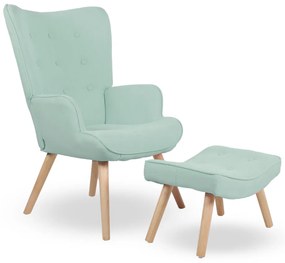 Kreslo ušiak CORDU + taburet — masív, látka, prírodná / mentolová