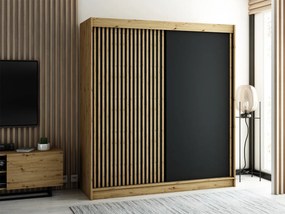 Skriňa s posuvnými dverami Tigori 200 cm, zásuvka: áno, Farby: dub artisan / čierny mat + dub artisan
