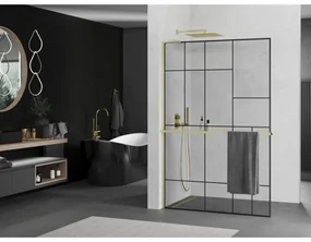 Mexen Kioto+ L, sprchová zástena Walk-In s poličkou a vešiakom 70 x 200 cm, 8mm číre sklo čierny vzor, zlatý matný profil, 800-070-123-55-78