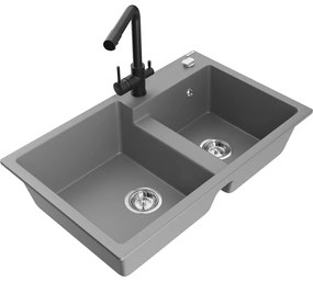 Mexen Tomas, granitový drez 800x500x190 mm, 2-komorový a čierna batéria Duero, šedá, 6516-71-671600-70