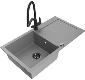 Mexen Leo, 1-komorový granitový drez 900x500x190 mm a drezová batéria Duo, šedá, 6501-71-671701-70-B