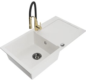 Mexen Leo, granitový drez 900x500x190 mm, 1-komorový a drezová batéria Aster, biela, 6501-20-73450-57-B