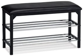 Botník / taburet, 2 police, potah černá ekokůže, kov - černý matný lak a chrom