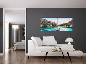 Obraz - Pláž s plachetnicou (120x50 cm)