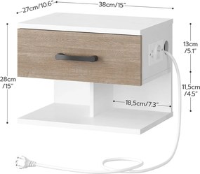 Závesný nočný stolík Verimi s nabíjacou stanicou 38 cm biely/hnedý