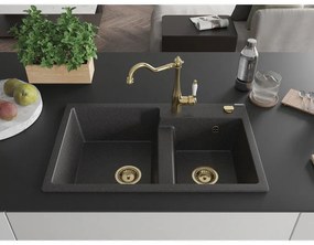 Mexen Tomas, granitový drez 800x500x190 mm, 2-komorový a drezová batéria Carla, čierna škvrnitá, 6516-76-670700-50