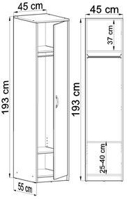 Úzka šatníková skriňa SIMELA - šírka 45 cm, dub sonoma