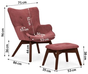 Červené menčestrové kreslo s podnožkou Niko – Ropez