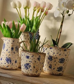 Béžový keramický obal na kvetináč s modrými ružami Blue Rose S - Ø 13*12 cm