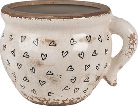 Béžový keramický obal na kvetináč s uchom a so srdiečkami Hearti - 20*17*15 cm