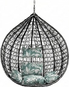 Čierne závesné kreslo KOKON bez stojana, zeleno-biely vankúš