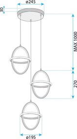 Toolight Toolight, LED závesné svietidlo 3x 20x28cm, 60W, 4000K, 4200lm, G064-3CPR, zlatá lesklá, OSW-08696