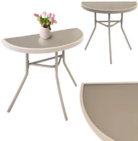 Pologuľatý balkónový stolík béžový – sklenený s kovovou konštrukciou