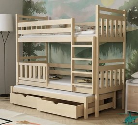 Detská poschodová posteľ z masívu borovice PETR s prístelkou a šuplíky - 200x90 cm - PRÍRODNÁ BOROVICA