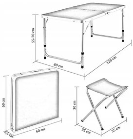 Kempingový stôl so 4 stoličkami v bielej farbe 120x60x70 cm