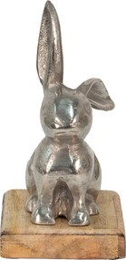 Dekorácia strieborný kovový králik na drevenom podstavci - 11*10*20 cm