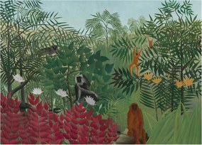 Sklenený obraz - Henri Rousseau, Tropical Forest with Monkeys, reprodukcia (70x50 cm)