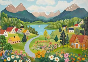 Sklenený obraz - Dedina v horách (70x50 cm)